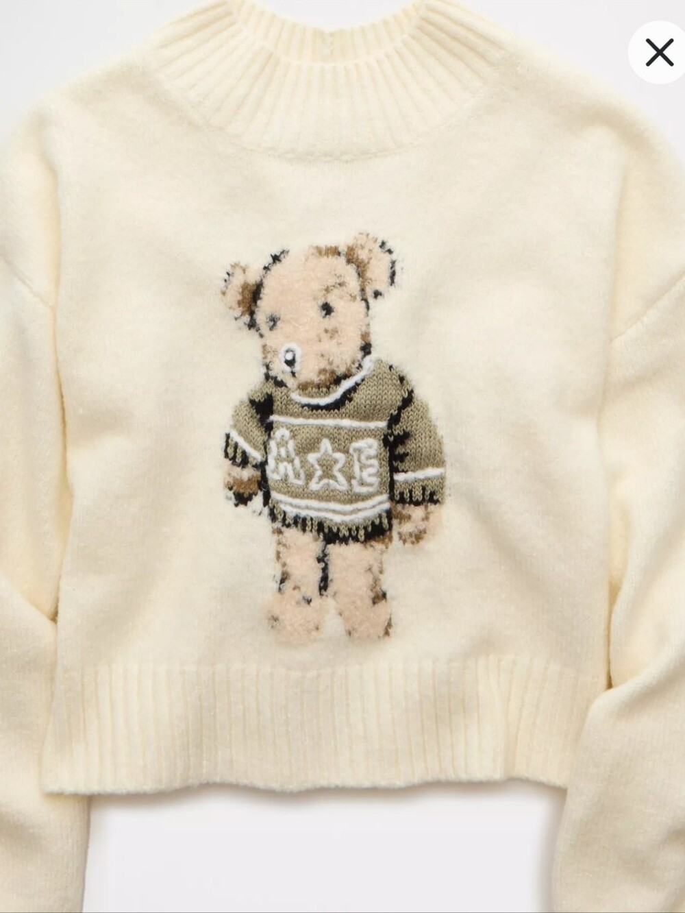 American Eagle Cream Knit Sweater with Teddy Bear Graphic-Snow Stopper